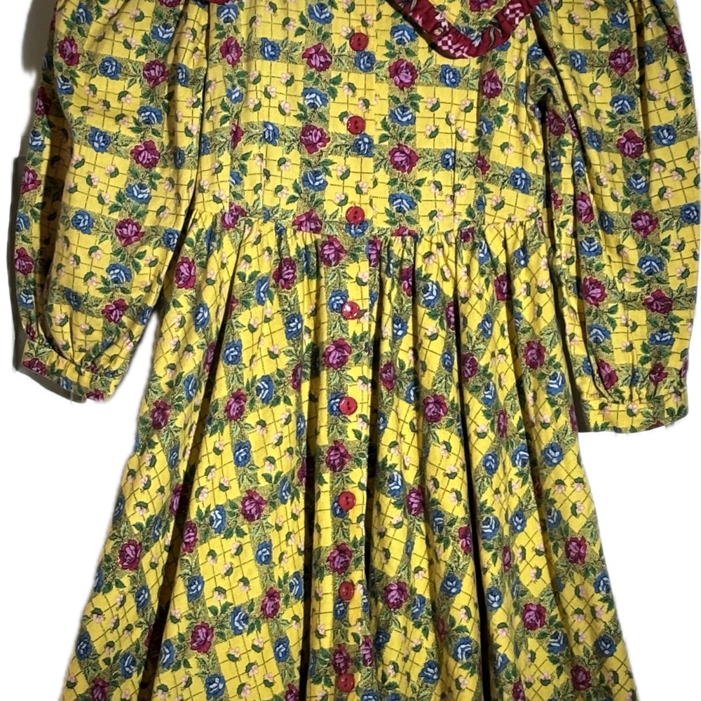 Charming Vintage Floral “Mousefeathers” Kids Dress in Yellow and Red